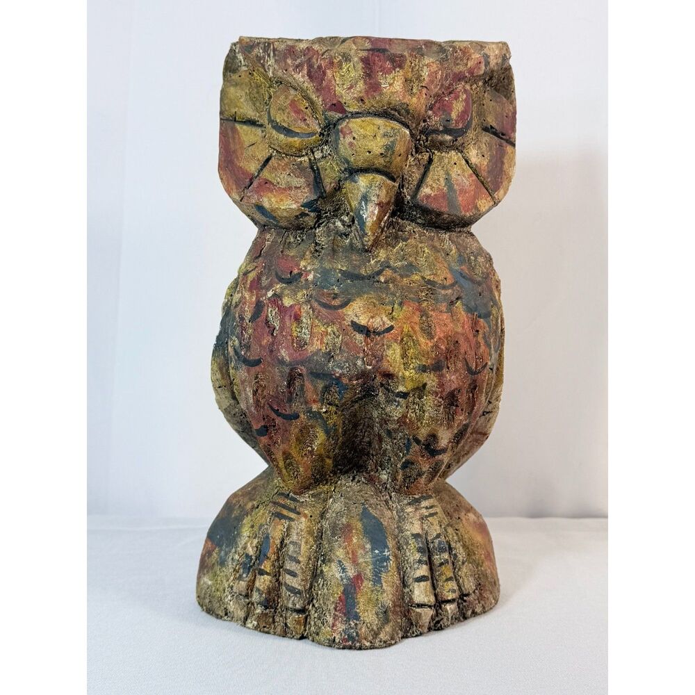 Wood Stump Hand Carved and Painted Owl Large Kitschy 12" Decor Woodland 1970s